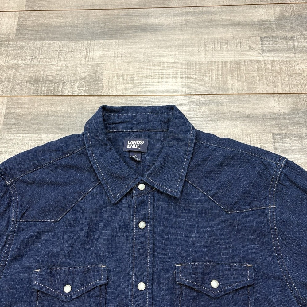 Lands End Shirt Mens L Blue Denim Western Pearl Snap Long Sleeve Cowboy Rodeo